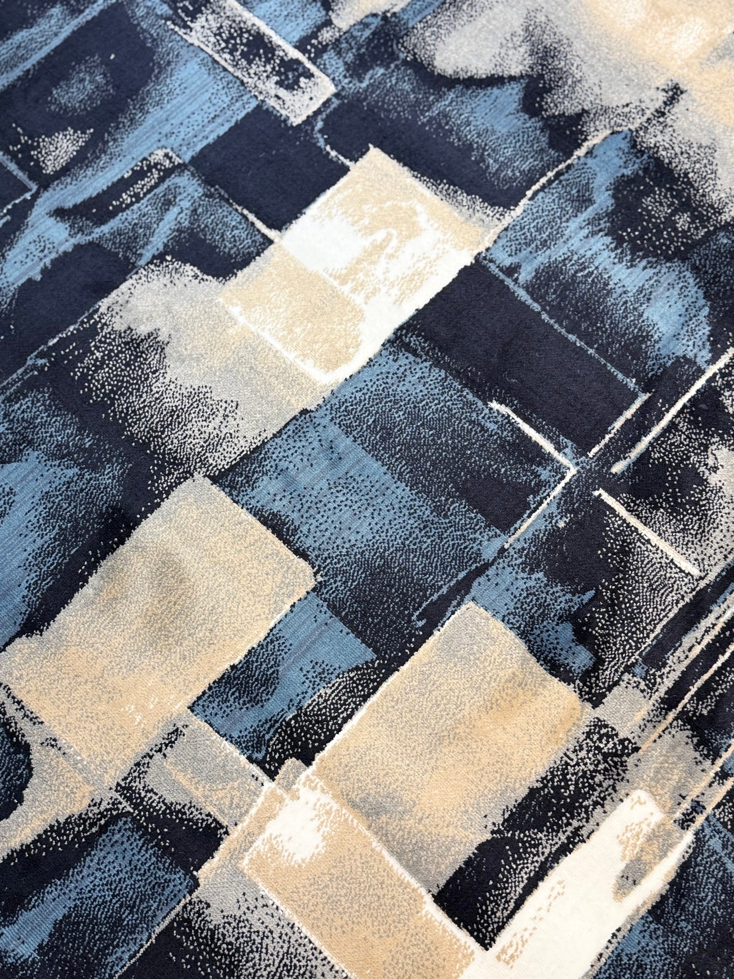 Abstract Geometric Contemporary Area Rug – Navy Blue, Steel Blue & Beige | 160×230 cm (5.3 × 7.6 ft)