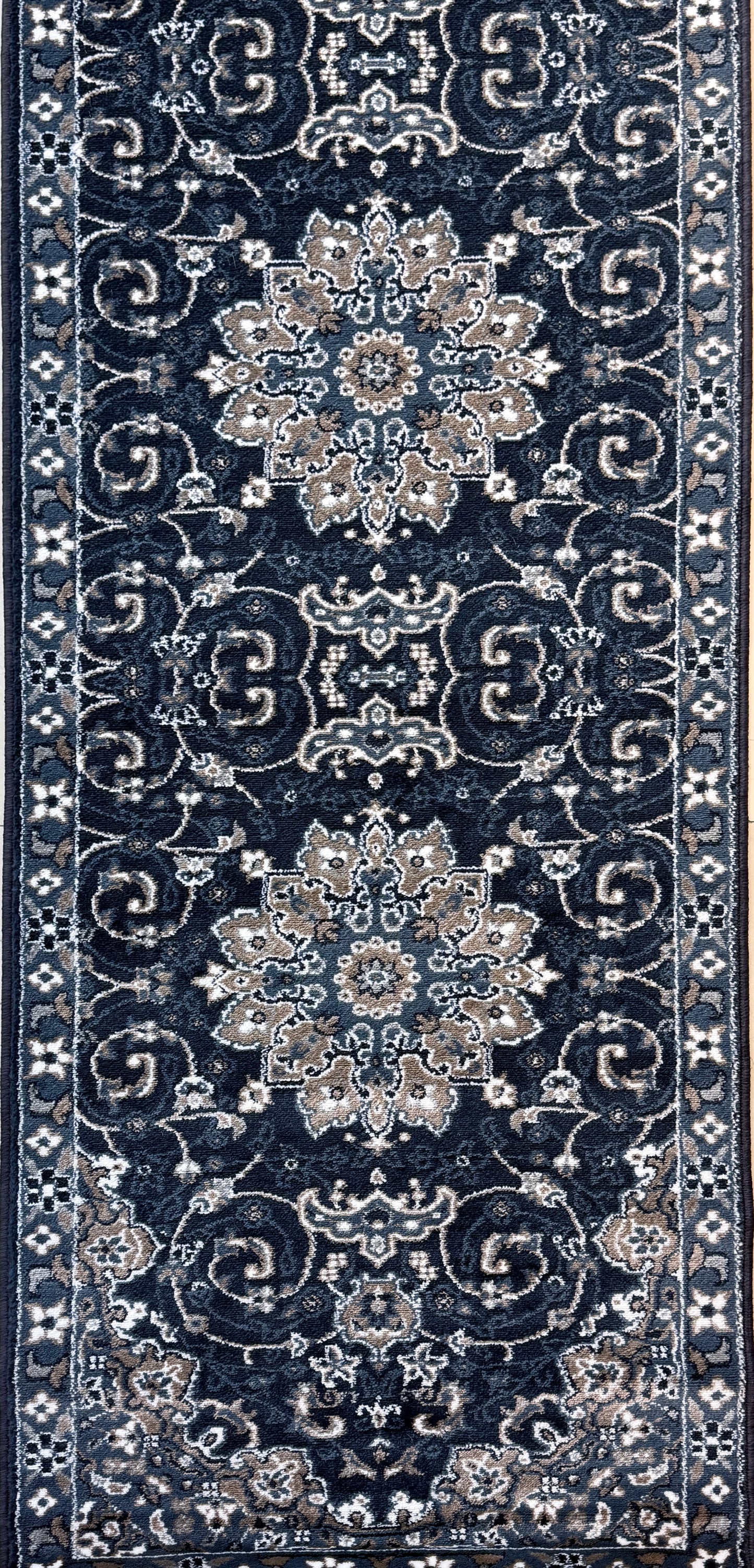 Traditional Persian Style Runner Rug – Navy Blue, Ivory & Beige – 2.7 x 13.0 Feet