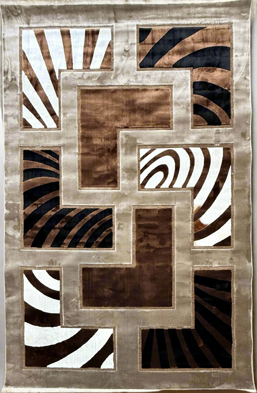 Modern Geometric Chenille Area Rug - Brown, Black and Cream Design 200x290cm (6.7x9.6)ft