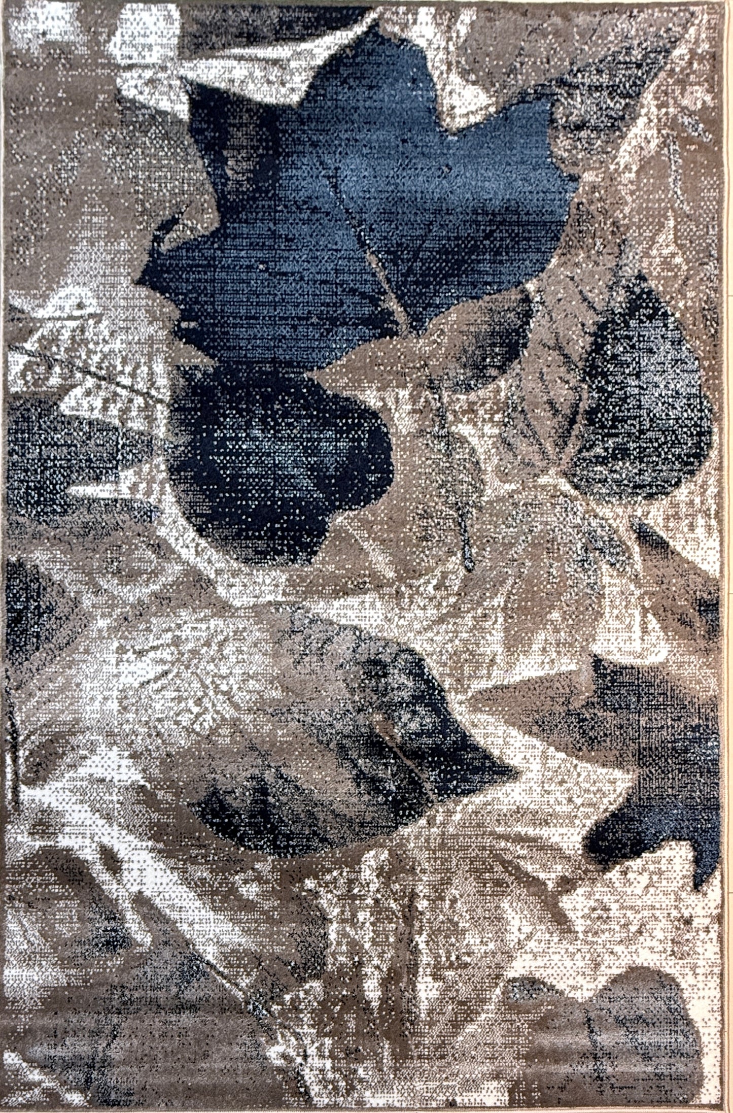 Modern Leaf Pattern Area Rug |Navy Blue Beige Taupe Grey Colours | Size 5 x 7.3 Feet