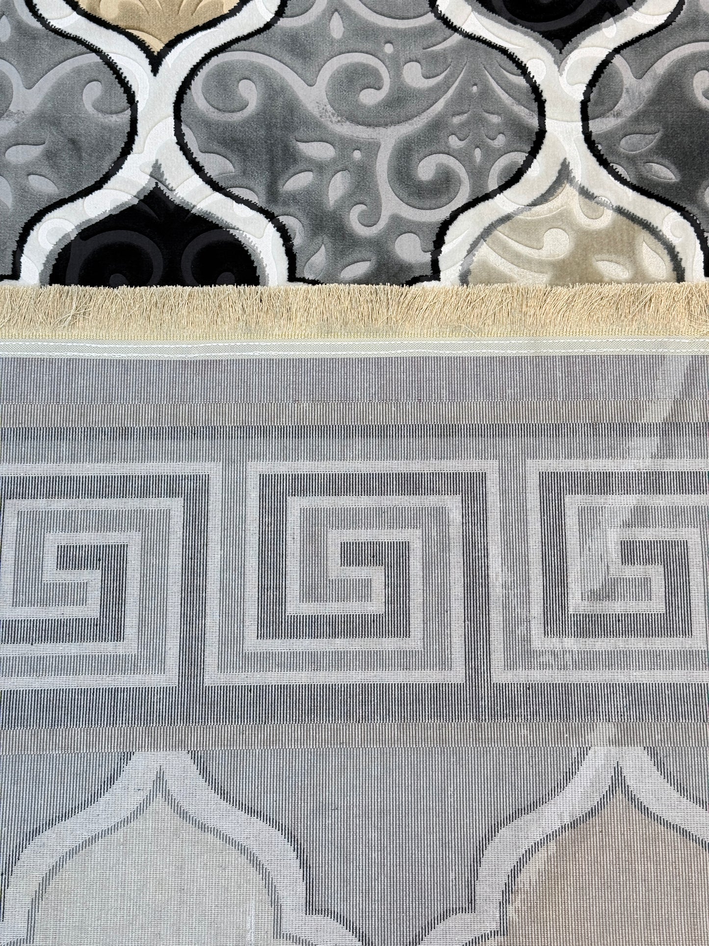 Greek Key Moroccan Trellis | Grey, Black, Cream & Gold | Size 200x290 cm (6.6x9.6 ft)