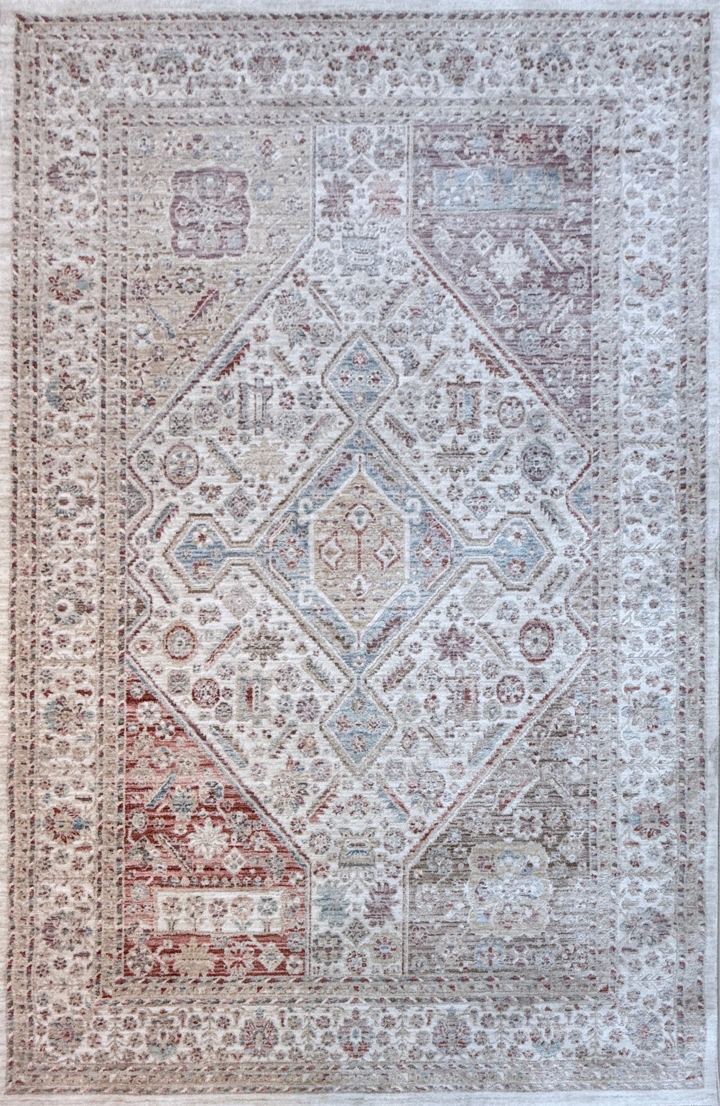Vintage Geometric Medallion Rug | Rust, Beige & Blue | Size 150x230 cm (4.11x7.6 ft)