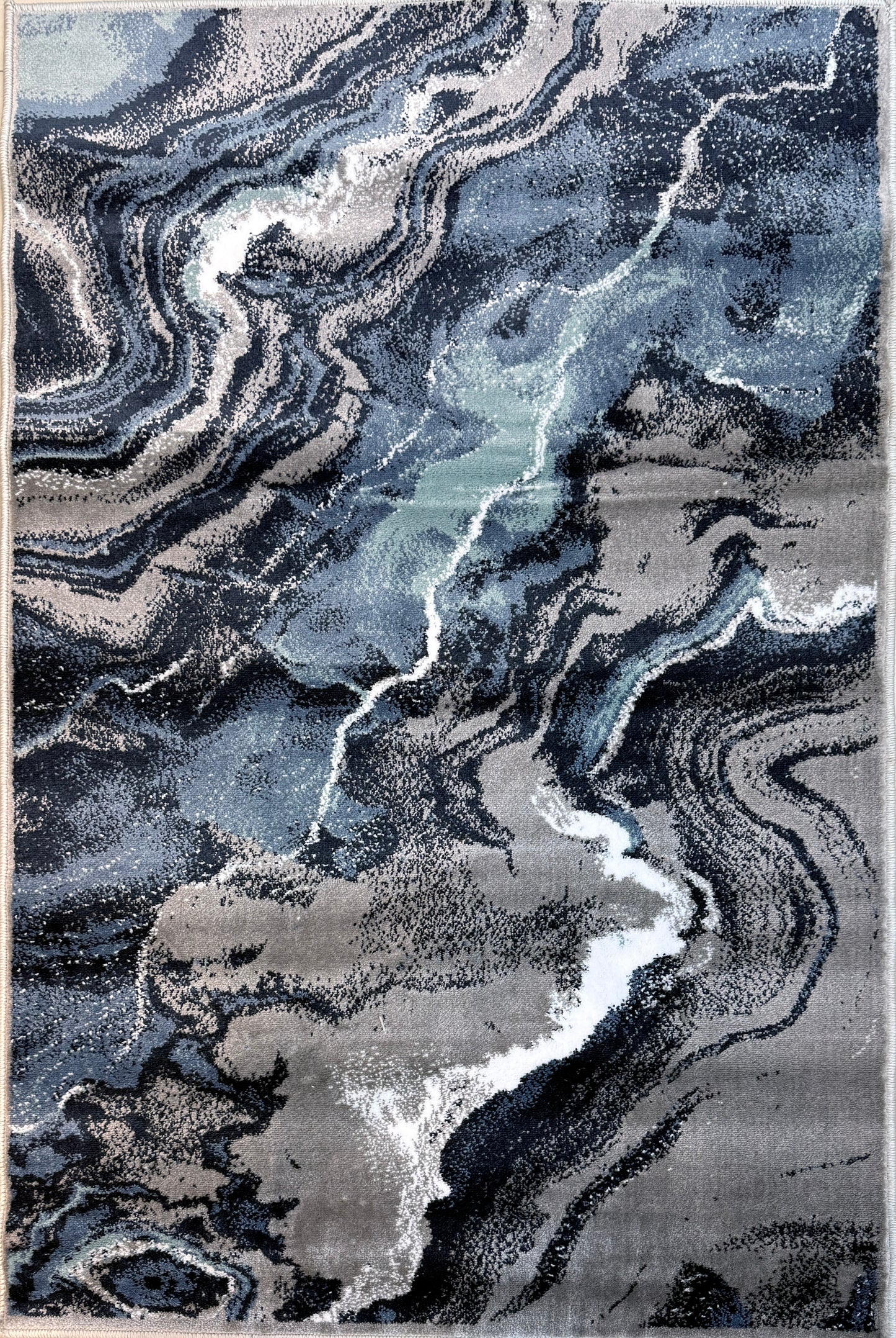Abstract Marble Nebula Area Rug | Slate Blue, Charcoal, and Silver |Size 3.3x5.0 ft