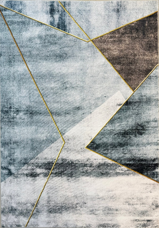 Contemporary Abstract Geo Rug | Grey & Gold Geometric Rug | Size 120x170 cm (4.0x5.7ft) approx