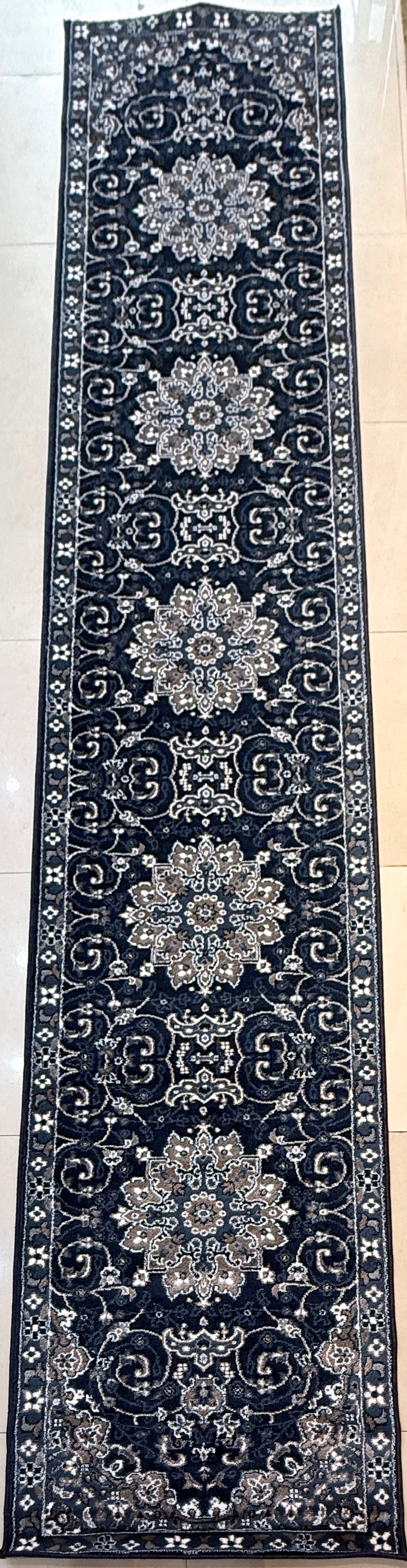 Traditional Persian Style Runner Rug – Navy Blue, Ivory & Beige – 2.7 x 13.0 Feet