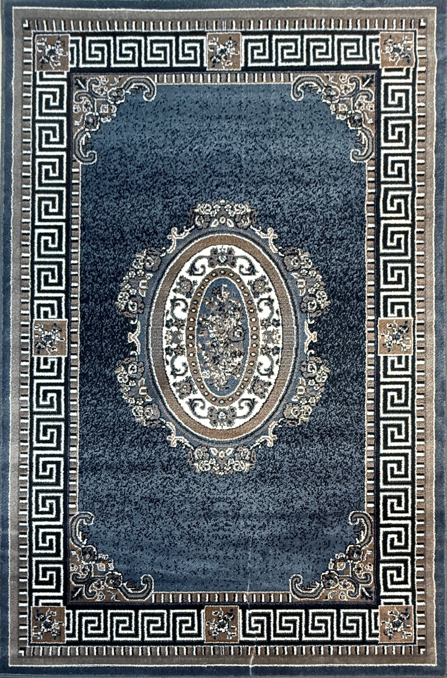 Classic Medallion Border Area Rug | Dark Blue Grey Beige Cream | Size 5x7.3 Feet
