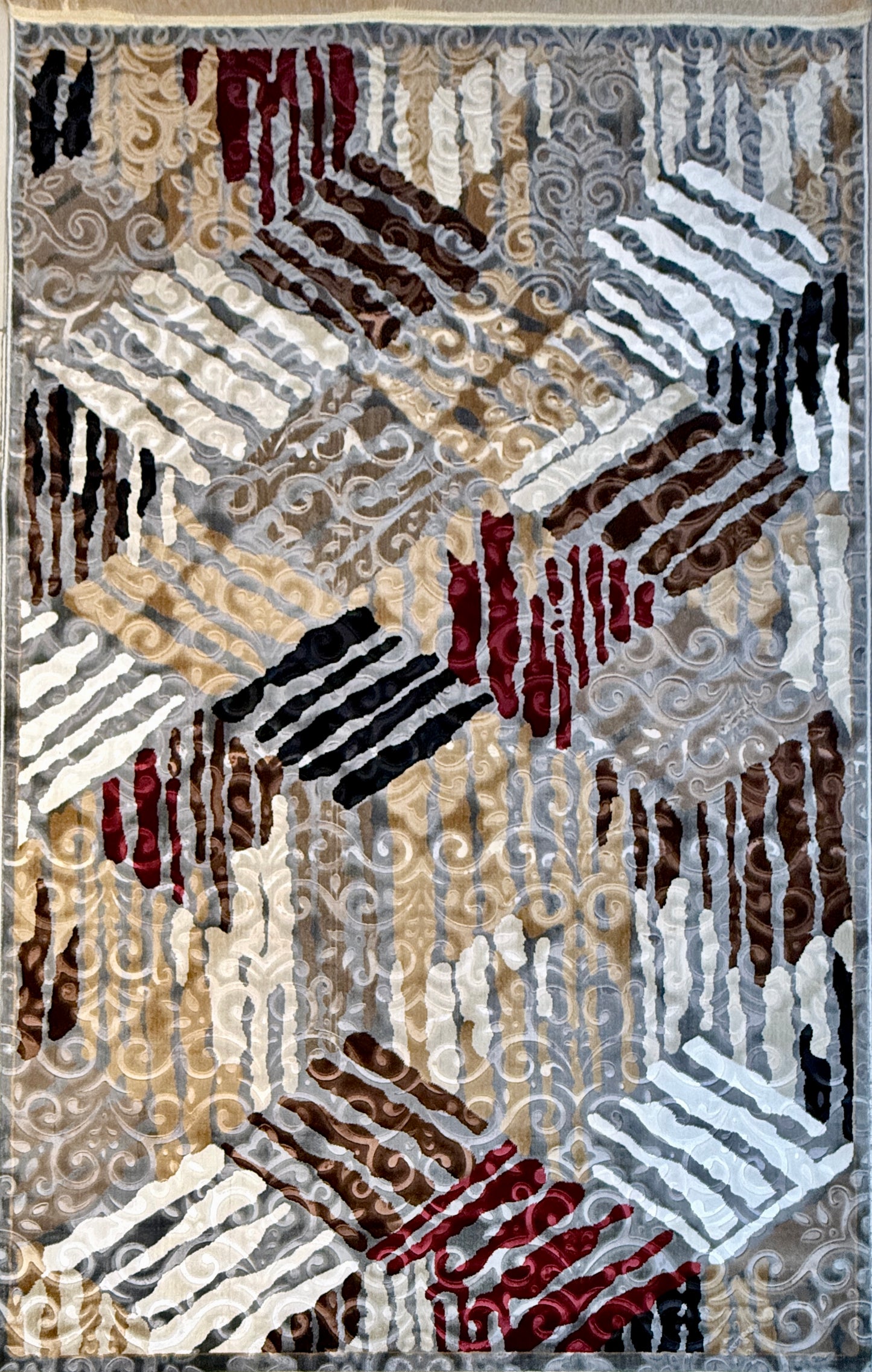 The Modern Abstract Damask Area Rug | blend of grey, beige, burgundy & navy blue |Size150x220 cm (4.11x7.2 feet).