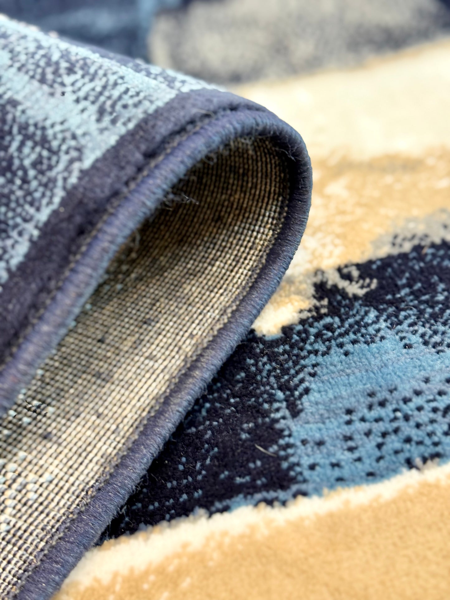 Abstract Geometric Contemporary Area Rug – Navy Blue, Steel Blue & Beige | 160×230 cm (5.3 × 7.6 ft)