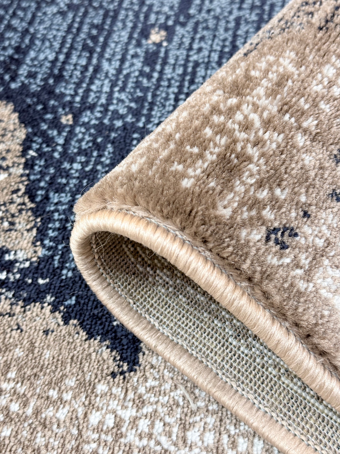 Modern Leaf Pattern Area Rug |Navy Blue Beige Taupe Grey Colours | Size 5 x 7.3 Feet