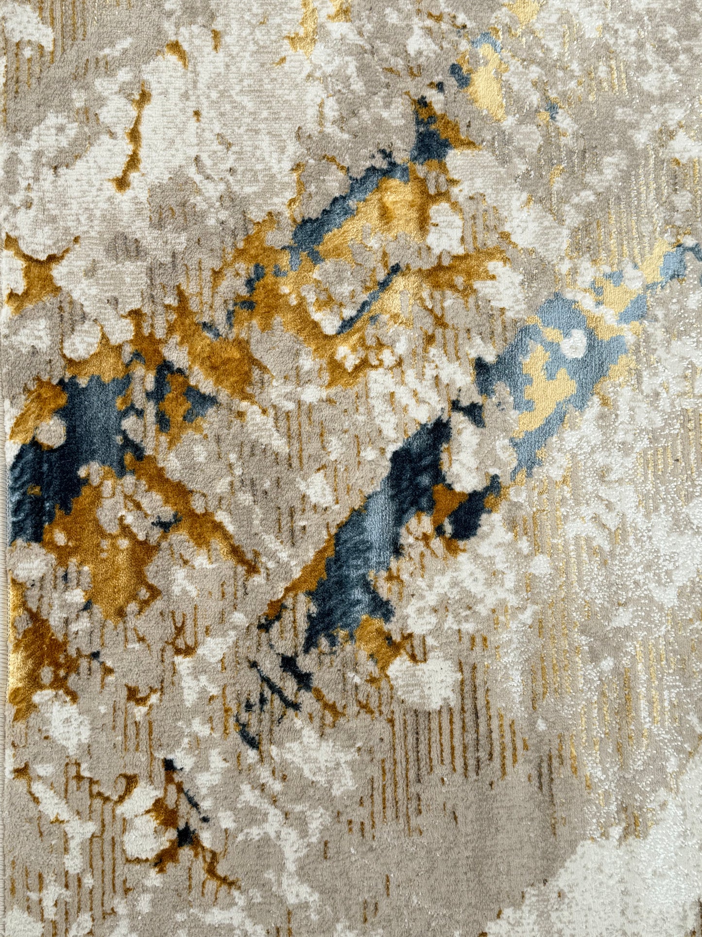 Abstract Distressed Contemporary Rug – Gold, Beige, Cream & Blue | 250×350 cm (8.2×11.5 ft)