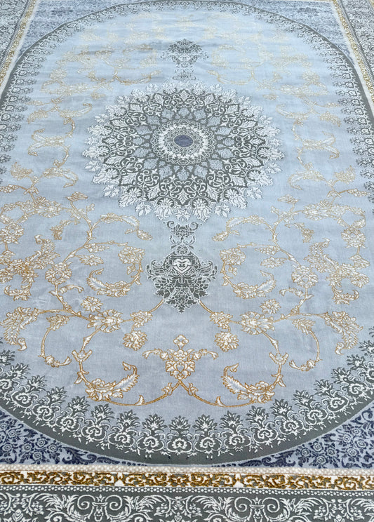 Luxury Persian-Style Medallion Area Rug – 300x400cm (10x13)ft approx
Soft Sky Blue with Gold, Ivory, and Charcoal Grey