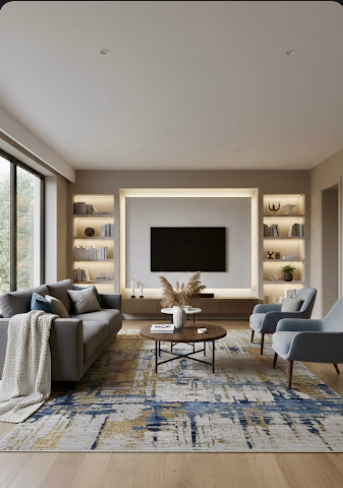 The Modern Abstract Rug in shades of Grey, Beige , Blue and Gold is sized 150x220 cm (4.11 x 7.3 ft)