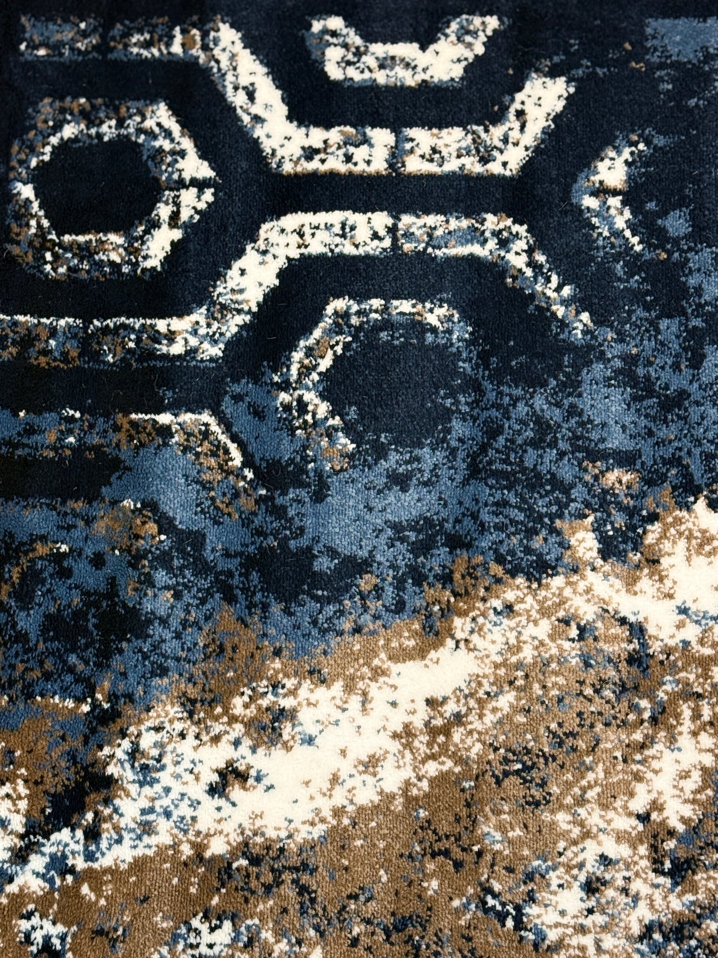 Abstract Geometric Distressed Area Rug | navy blue, grey, cream & taupe | Size 3.3x5.0 ft