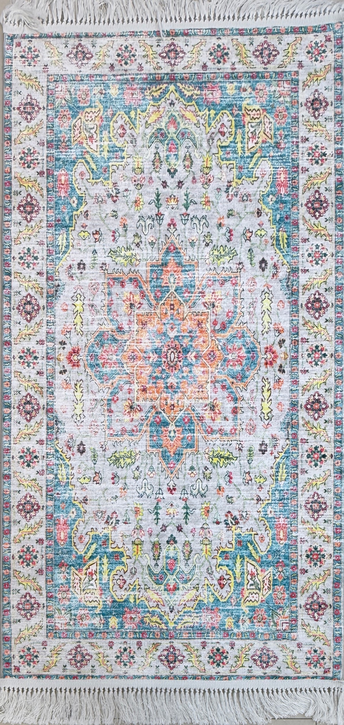 Vintage Medallion Area Rug | Cream, Turquoise Blue, Coral, and Yellow | Size 80x150 cm (2.7x4.11 ft)