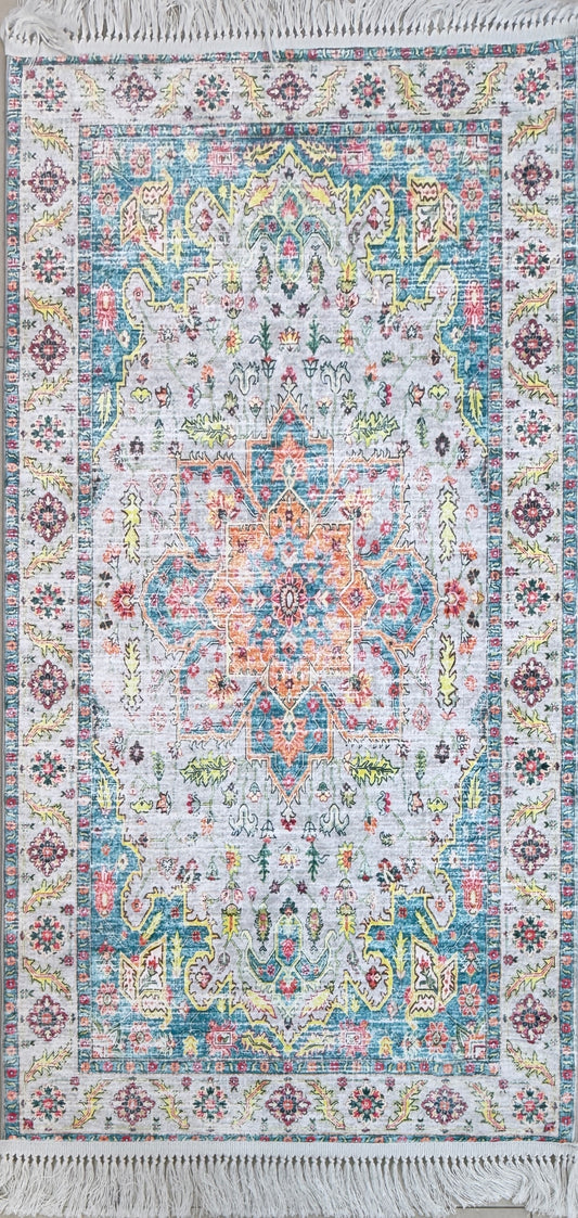 Vintage Medallion Area Rug | Cream, Turquoise Blue, Coral, and Yellow | Size 80x150 cm (2.7x4.11 ft)