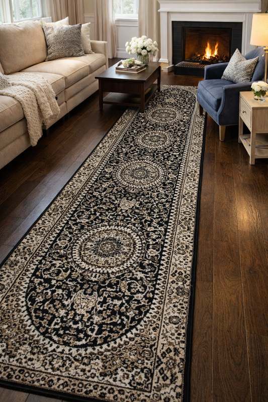 Traditional Persian Style Runner Rug Black and Beige | Size 2.7 x 13.0 Feet