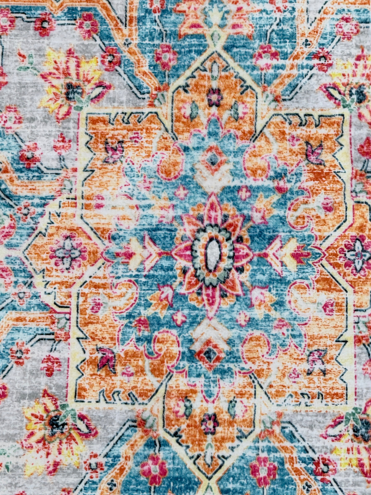 Vintage Medallion Area Rug | Cream, Turquoise Blue, Coral, and Yellow | Size 80x150 cm (2.7x4.11 ft)