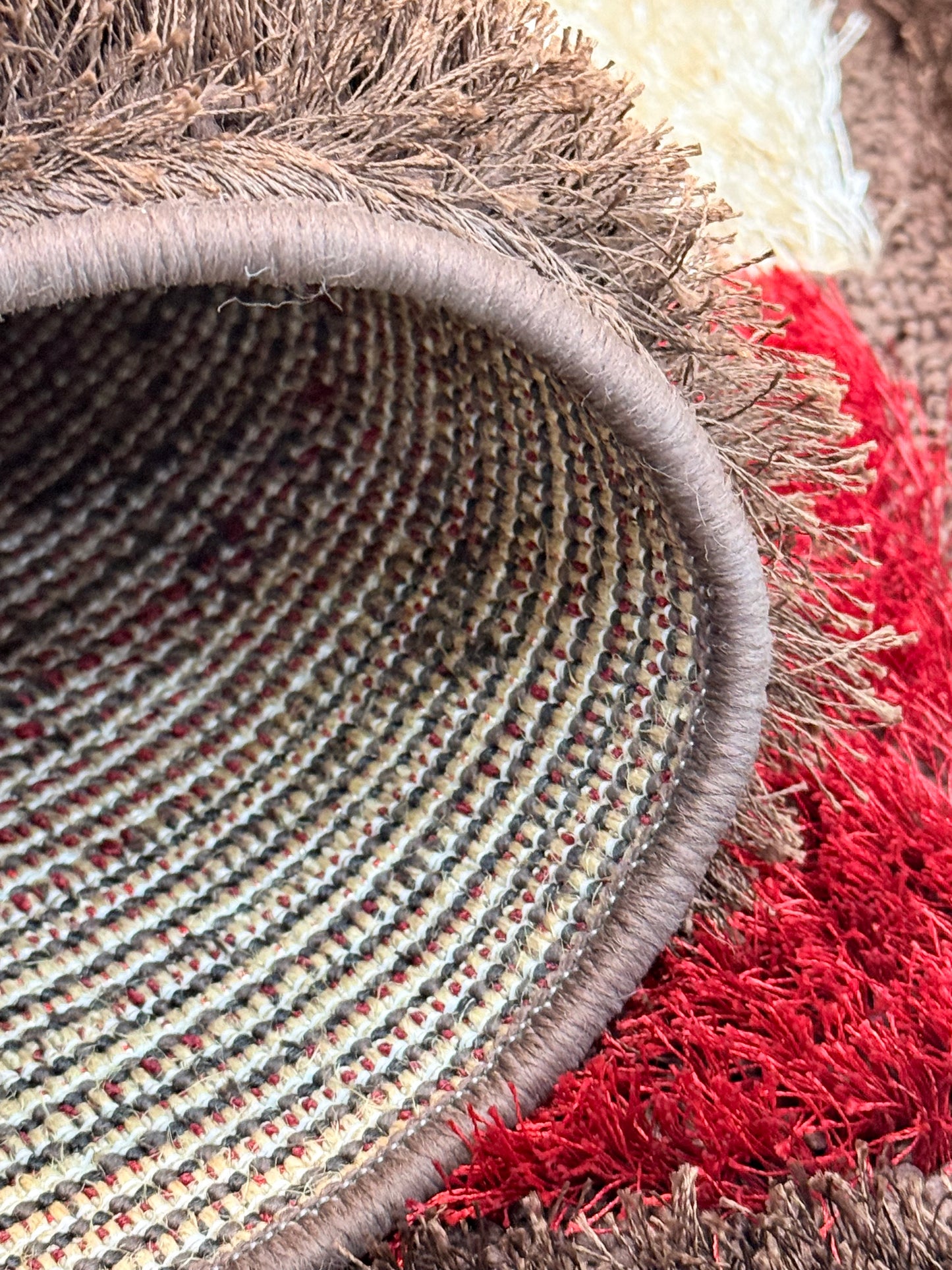 Geometric Shaggy Area Rug pattern of red, chocolate brown & beige | Size 100x150 cm (3.3x4.11 ft)