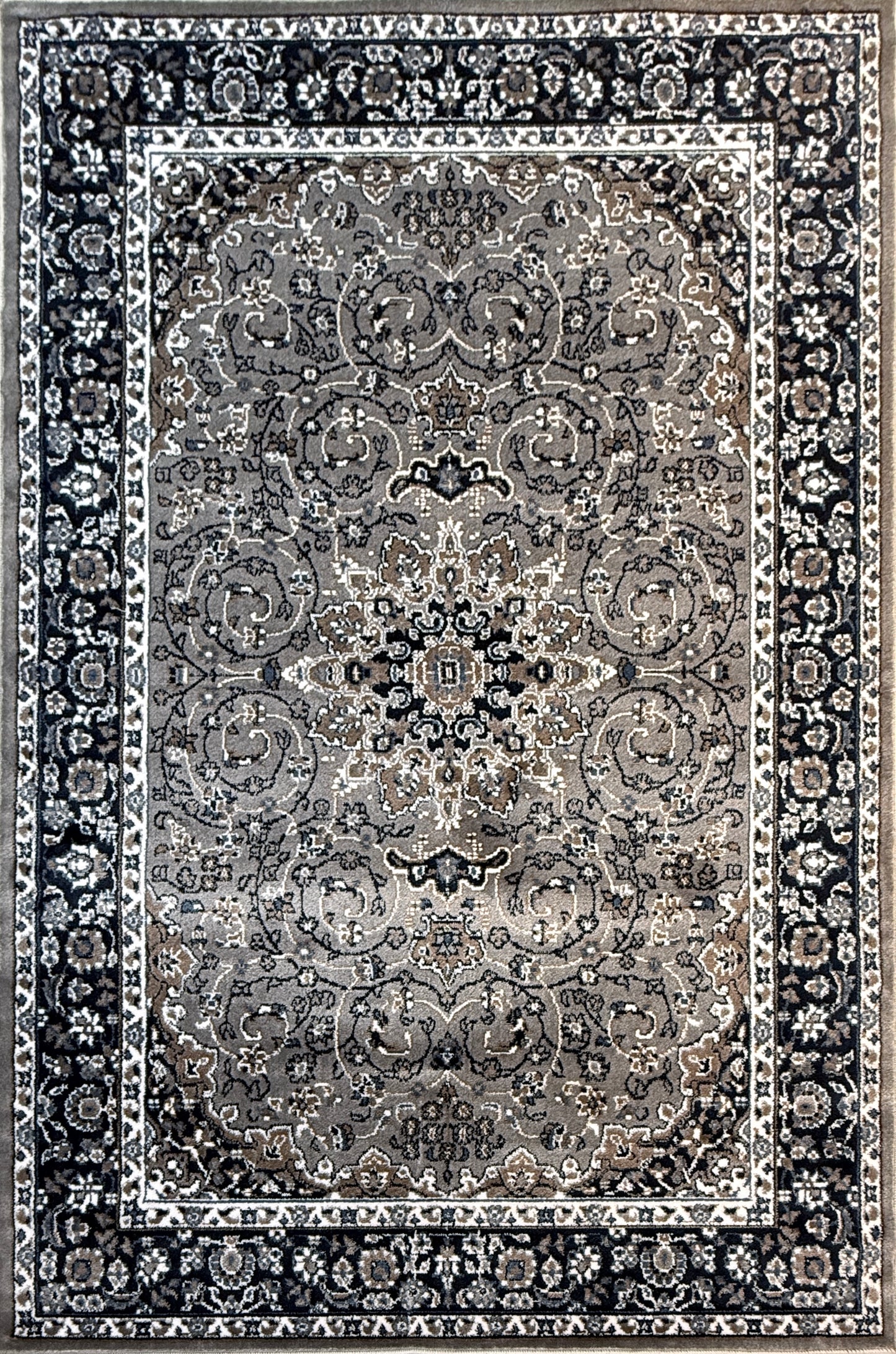 Medallion Traditional Oriental Rug | charcoal, silver, and ivory | Size 5x7.3 feet.