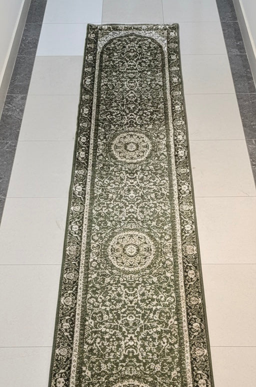 Persian Style Hallway Runner | Green Cream Beige Black | Size 2.7 x 13.2 ft