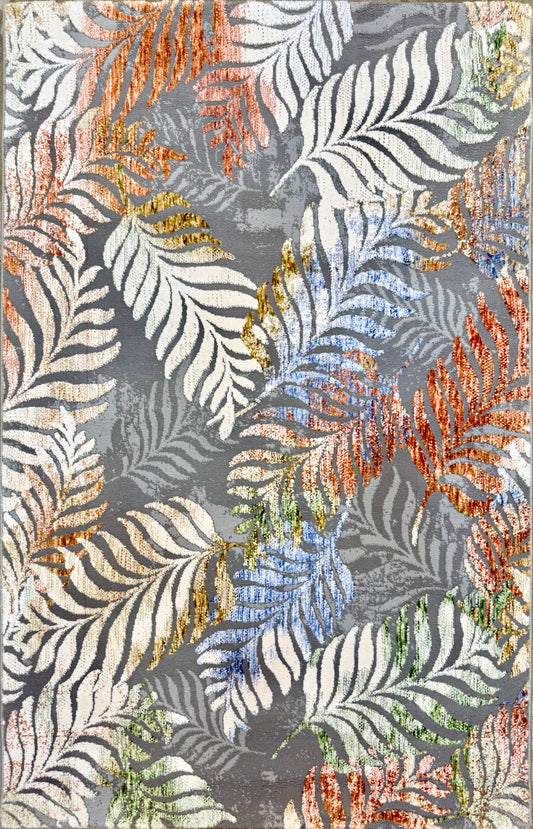 Multi-Colored Fern Pattern Area Rug on Gray Background - Size 100x150 cm (3.3x4.11)ft
