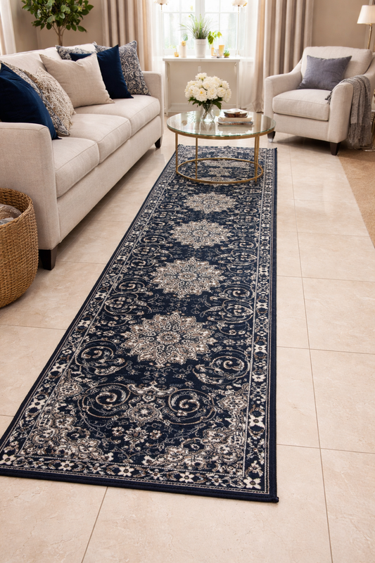 Traditional Persian Style Runner Rug – Navy Blue, Ivory & Beige – 2.7 x 13.0 Feet