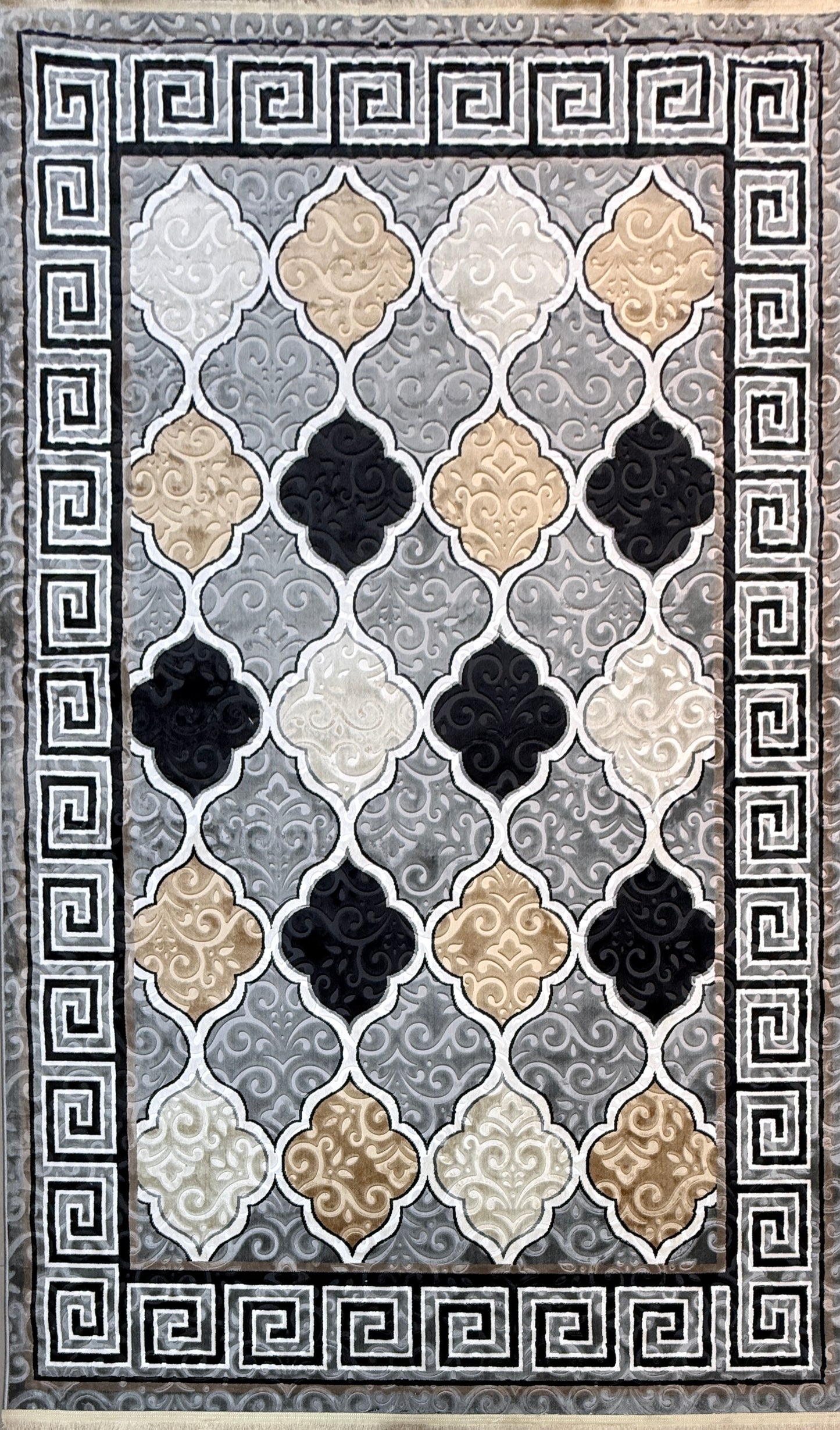 Greek Key Moroccan Trellis | Grey, Black, Cream & Gold | Size 200x290 cm (6.6x9.6 ft)
