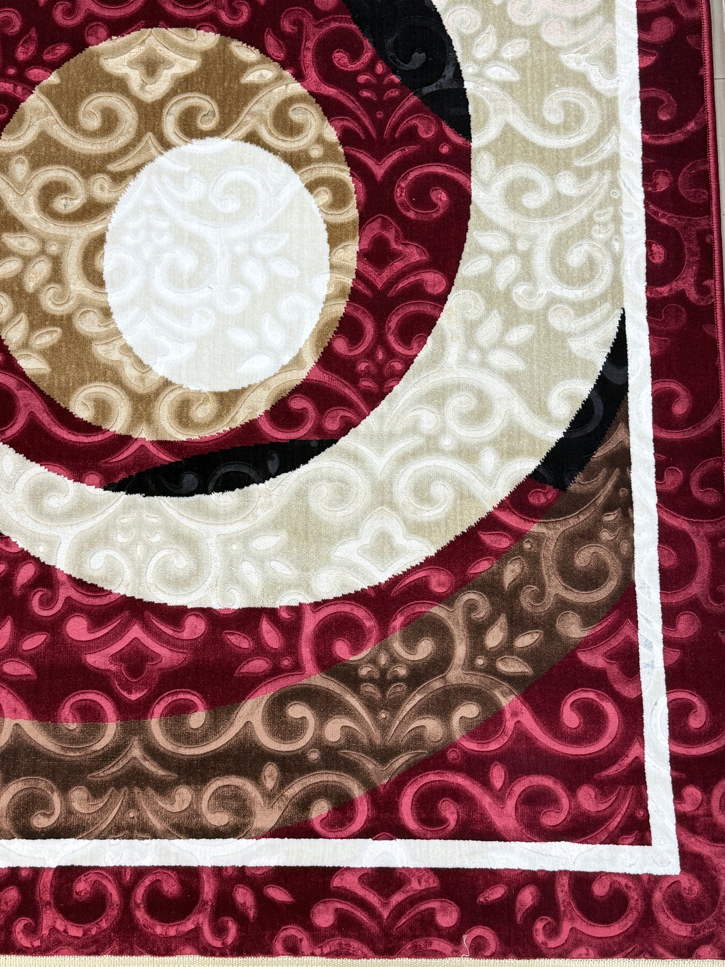 Modern Circles Area Rug | Maroon, Black, Cream & Beige | Size 200x290 cm (6.7x9.6 ft)
