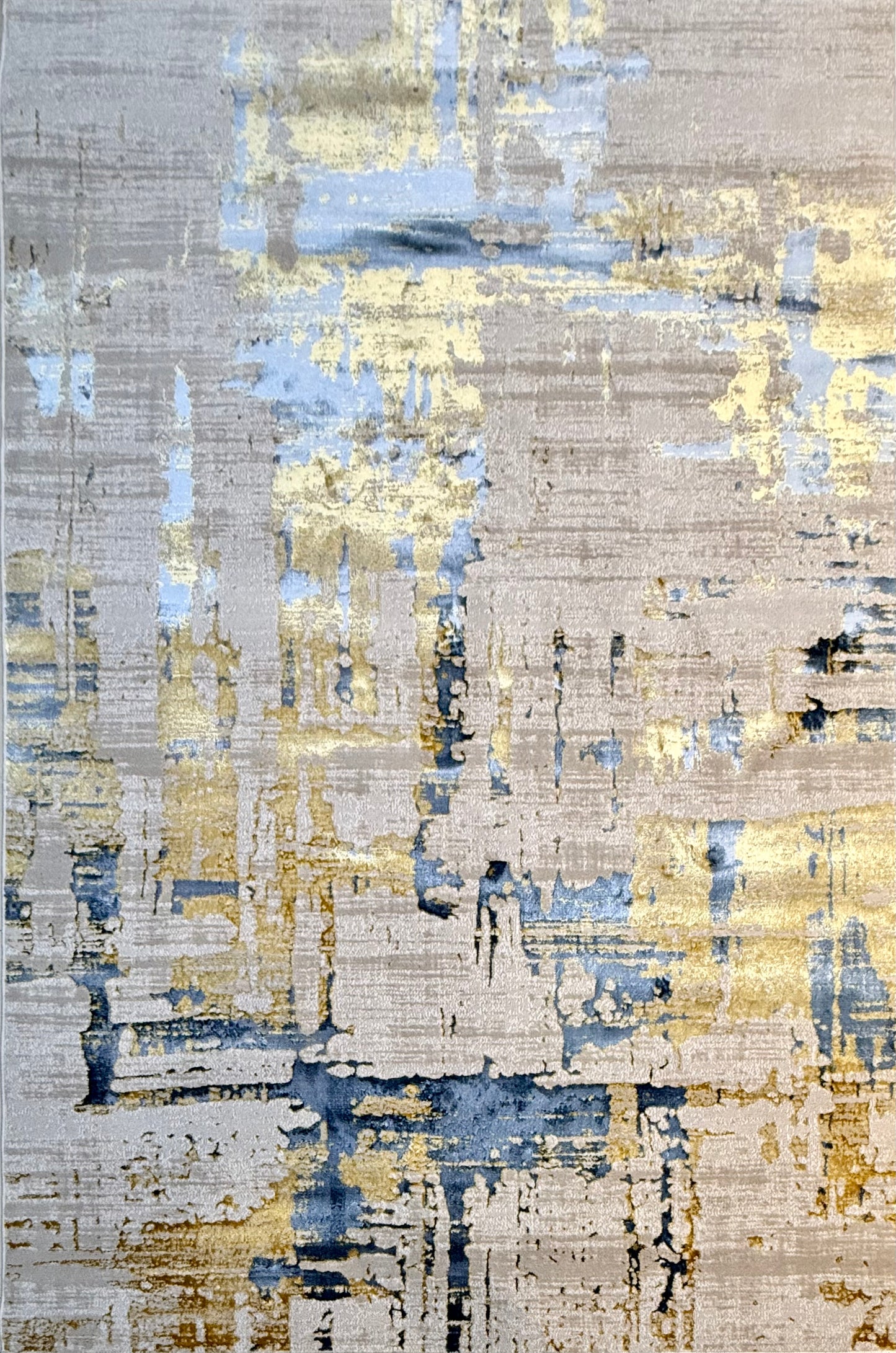 The Modern Abstract Rug in shades of Grey, Beige , Blue and Gold is sized 150x220 cm (4.11 x 7.3 ft)