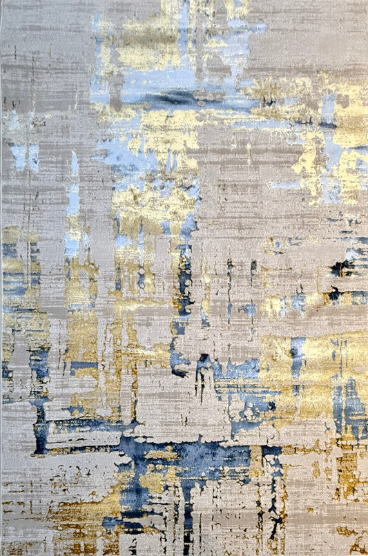 The Modern Abstract Rug in shades of Grey, Beige , Blue and Gold is sized 150x220 cm (4.11 x 7.3 ft)