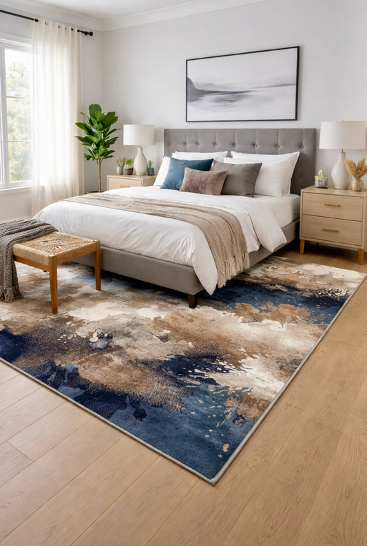 Abstract Modern Area Rug |Navy Blue Grey Beige Brown Colours | Size 5 x 7.3 Feet