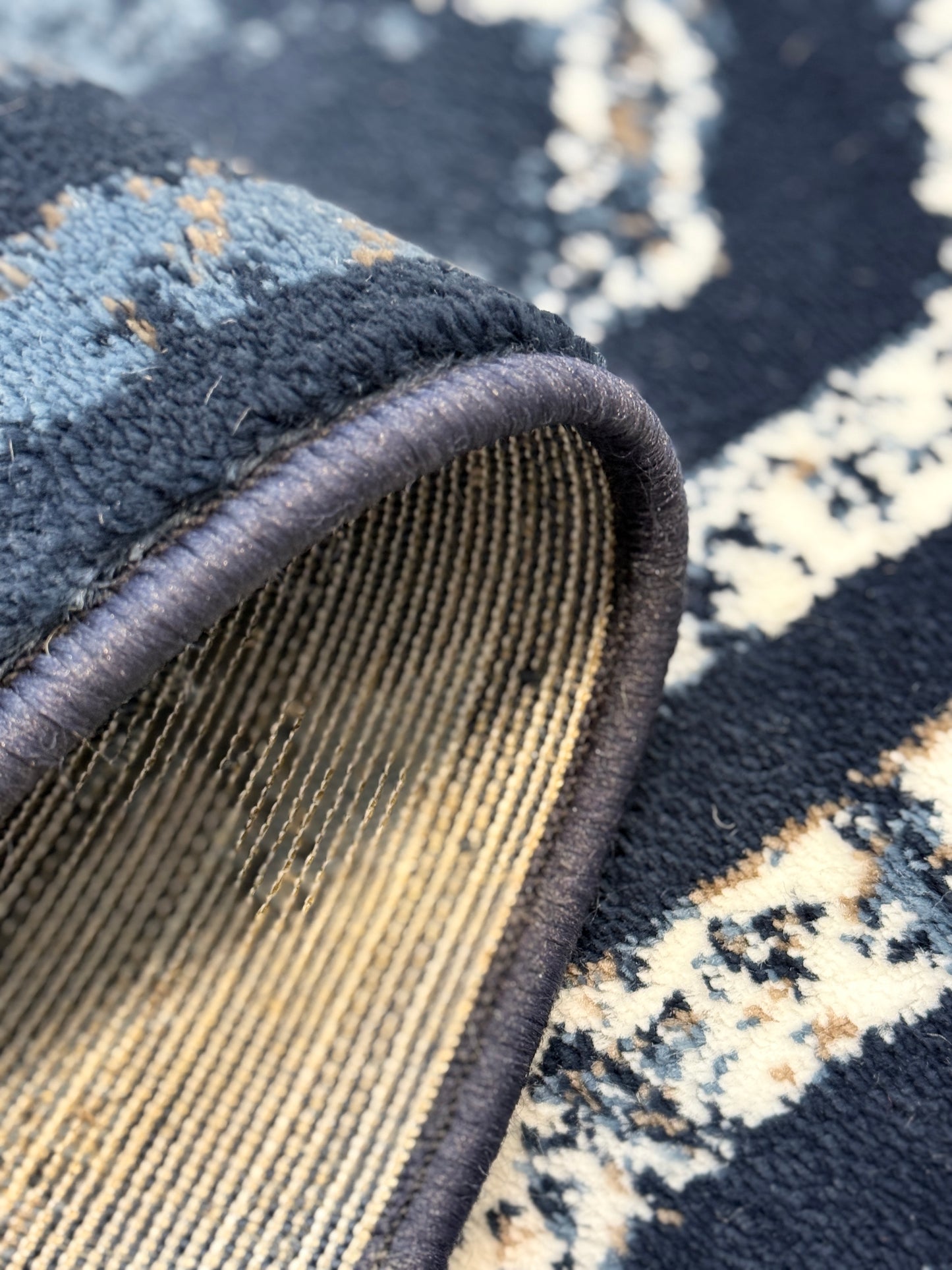 Abstract Geometric Distressed Area Rug | navy blue, grey, cream & taupe | Size 3.3x5.0 ft