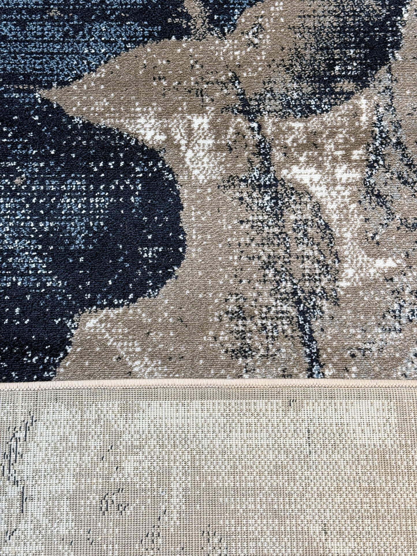 Modern Leaf Pattern Area Rug |Navy Blue Beige Taupe Grey Colours | Size 5 x 7.3 Feet