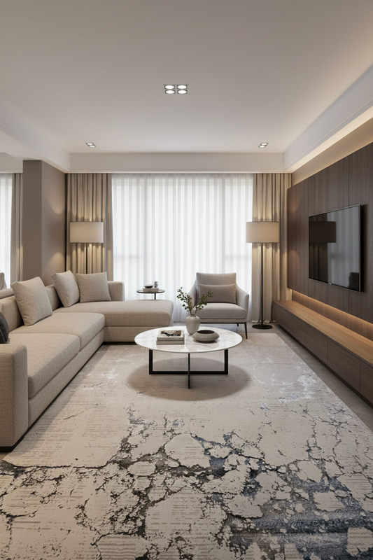 Distressed Abstract Marble Rug in shades of grey, cream & charcoal | Size 150x220cm (4.11x7.2 ft)