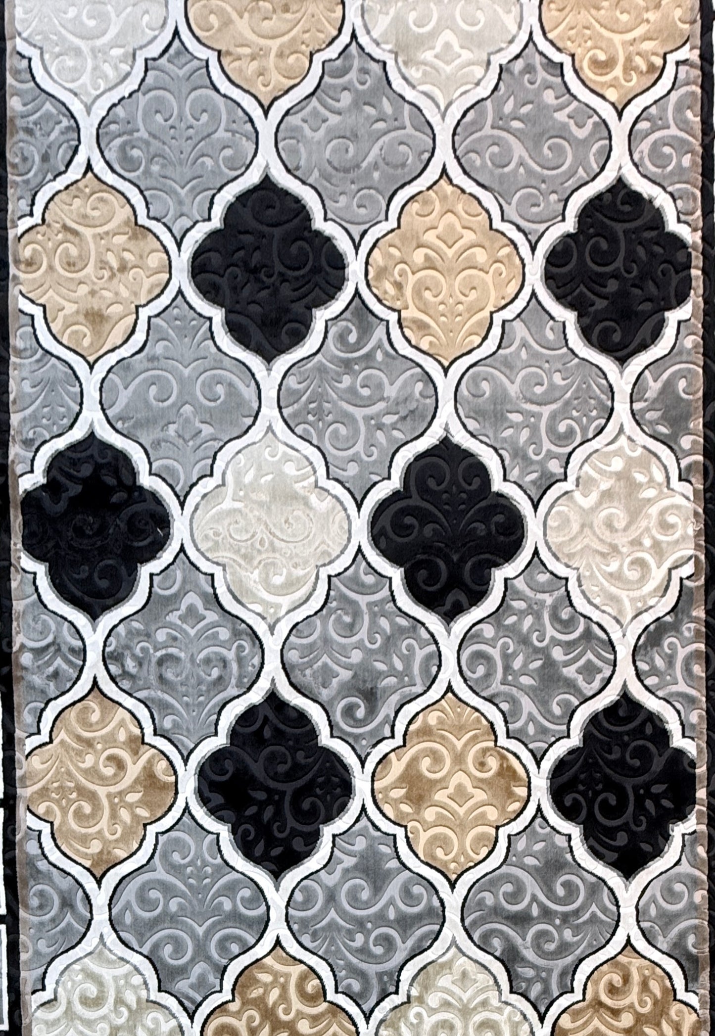 Greek Key Moroccan Trellis | Grey, Black, Cream & Gold | Size 200x290 cm (6.6x9.6 ft)