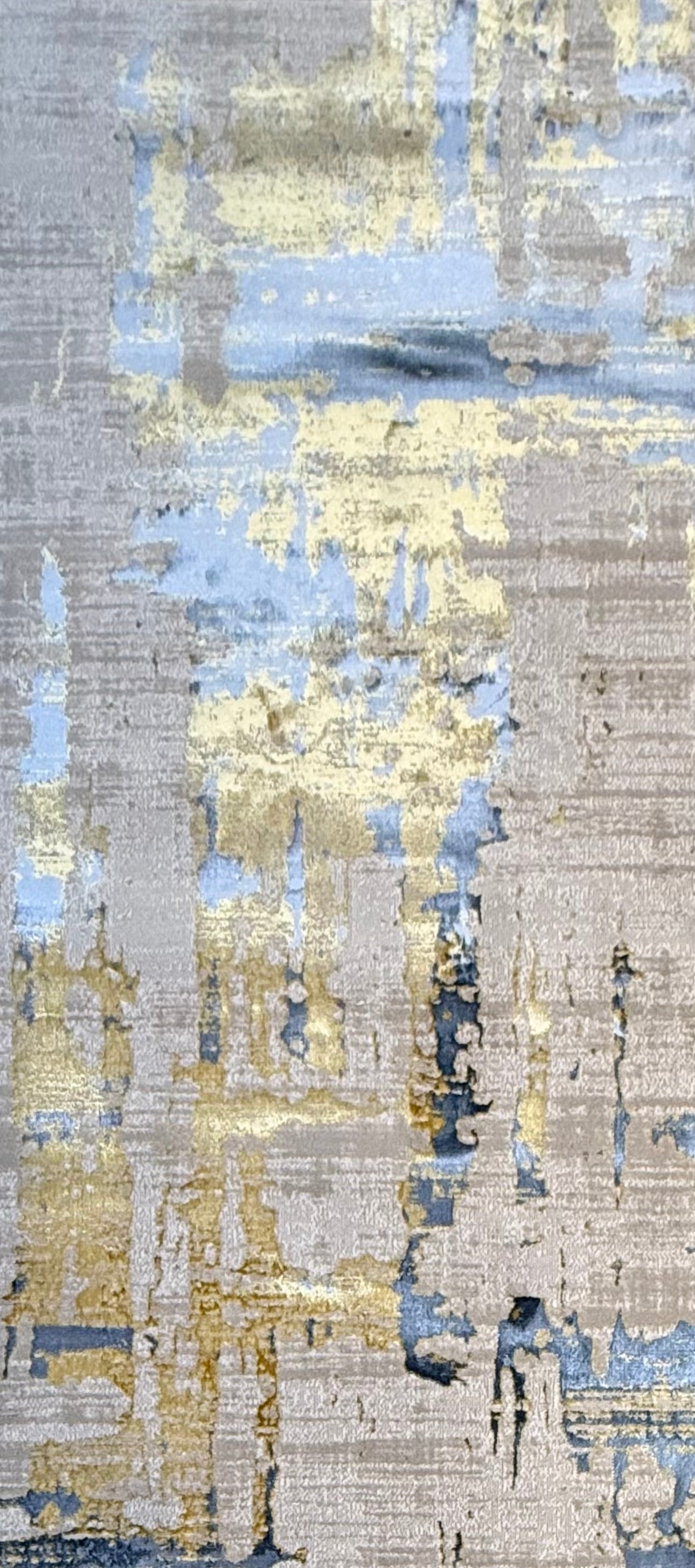 The Modern Abstract Rug in shades of Grey, Beige , Blue and Gold is sized 150x220 cm (4.11 x 7.3 ft)