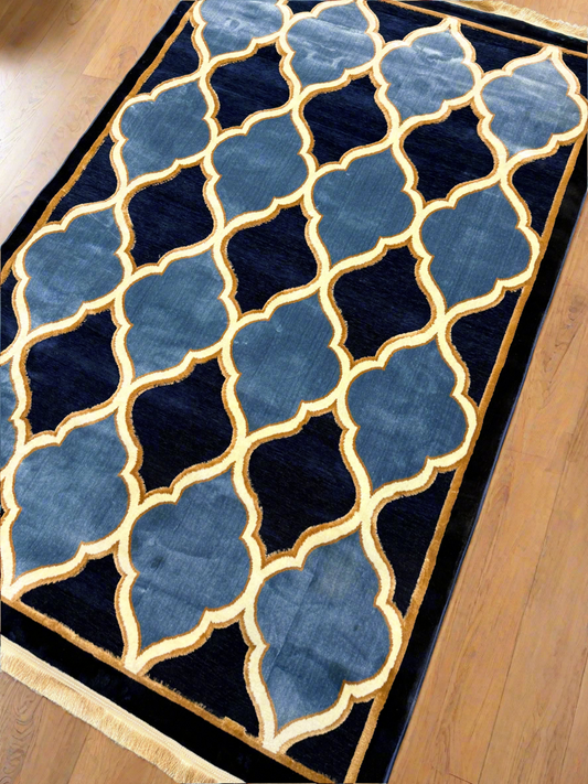 Chenille Blue and Gold Trellis Pattern Rug - Size 150x220cm (4.11x7.3)ft