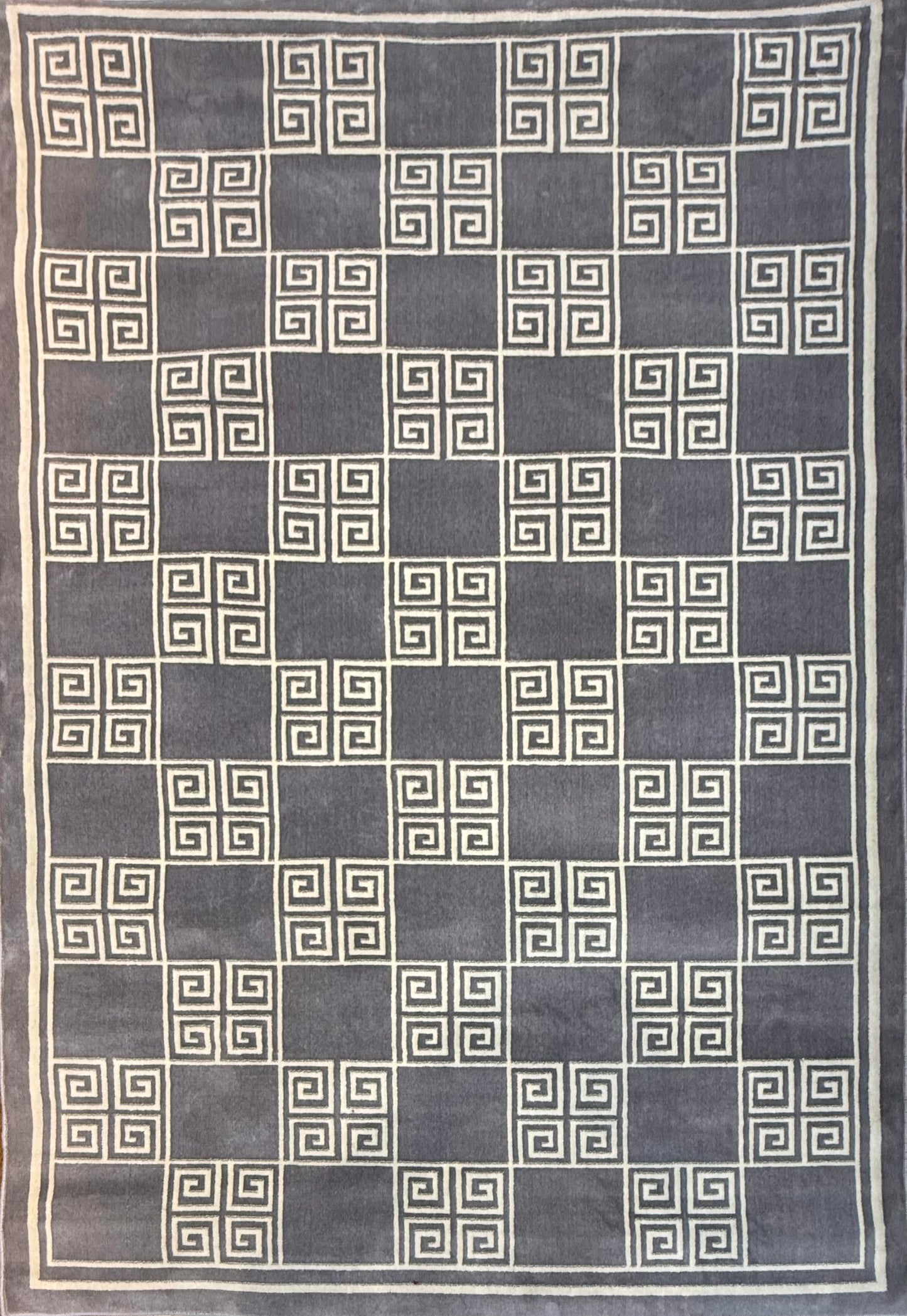 Geometric Square Rug – 5x8 ft | Grey & Ivory Check Pattern | Contemporary Area Rug