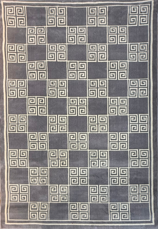 Geometric Square Rug – 5x8 ft | Grey & Ivory Check Pattern | Contemporary Area Rug