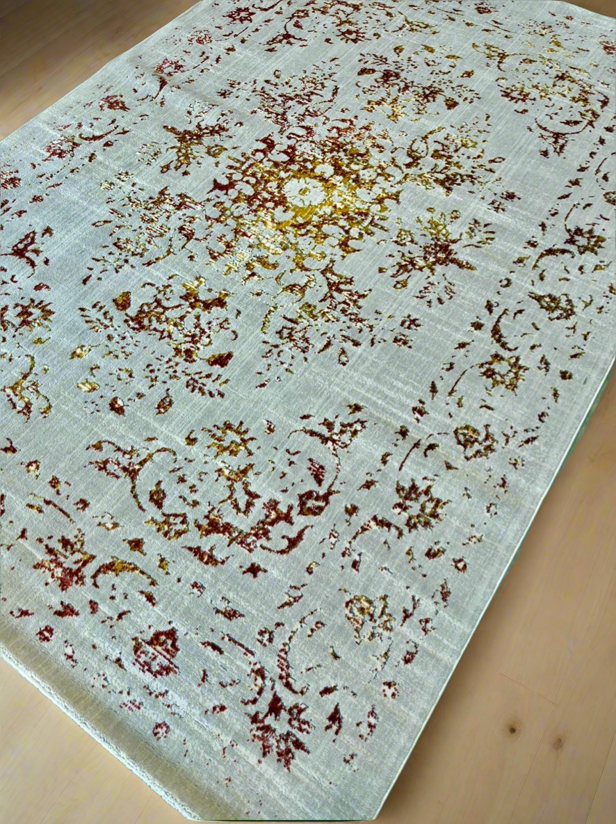Elegant Distressed Floral Area Rug - Off-While Reddish Brown Gold - Size (6.7x9.6)ft