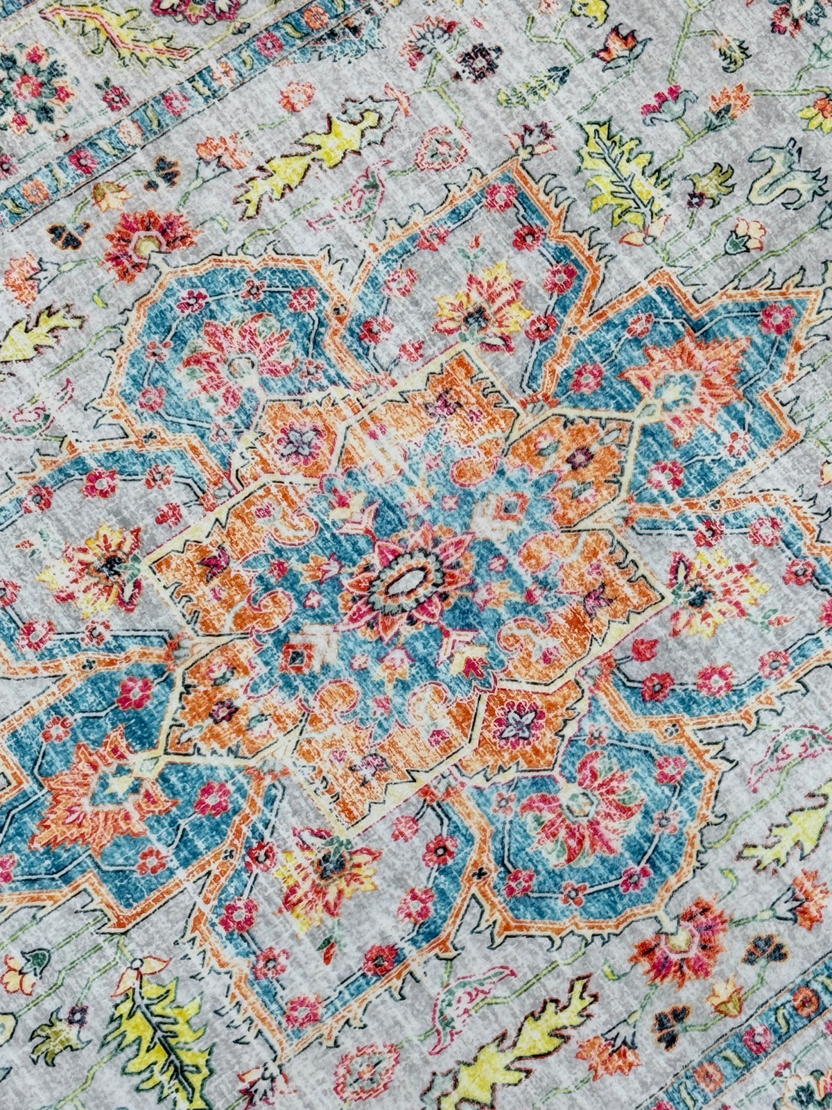 Vintage Medallion Area Rug | Cream, Turquoise Blue, Coral, and Yellow | Size 80x150 cm (2.7x4.11 ft)