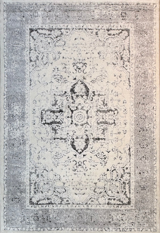 Traditional Distressed Medallion Area Rug in Grey and Cream | Size 160x230 cm (5.3x7.6 ft)