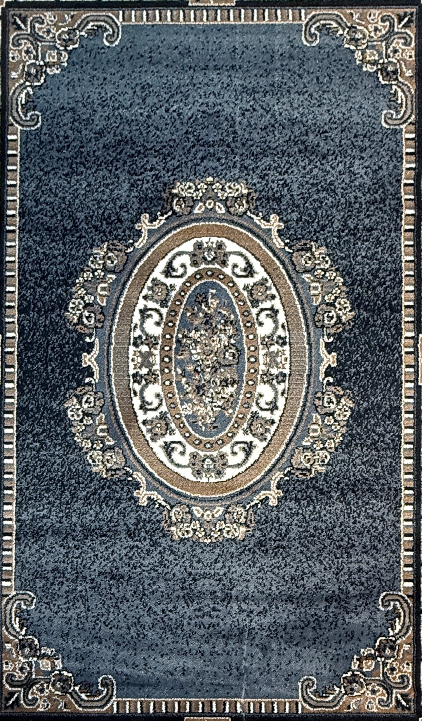 Classic Medallion Border Area Rug | Dark Blue Grey Beige Cream | Size 5x7.3 Feet