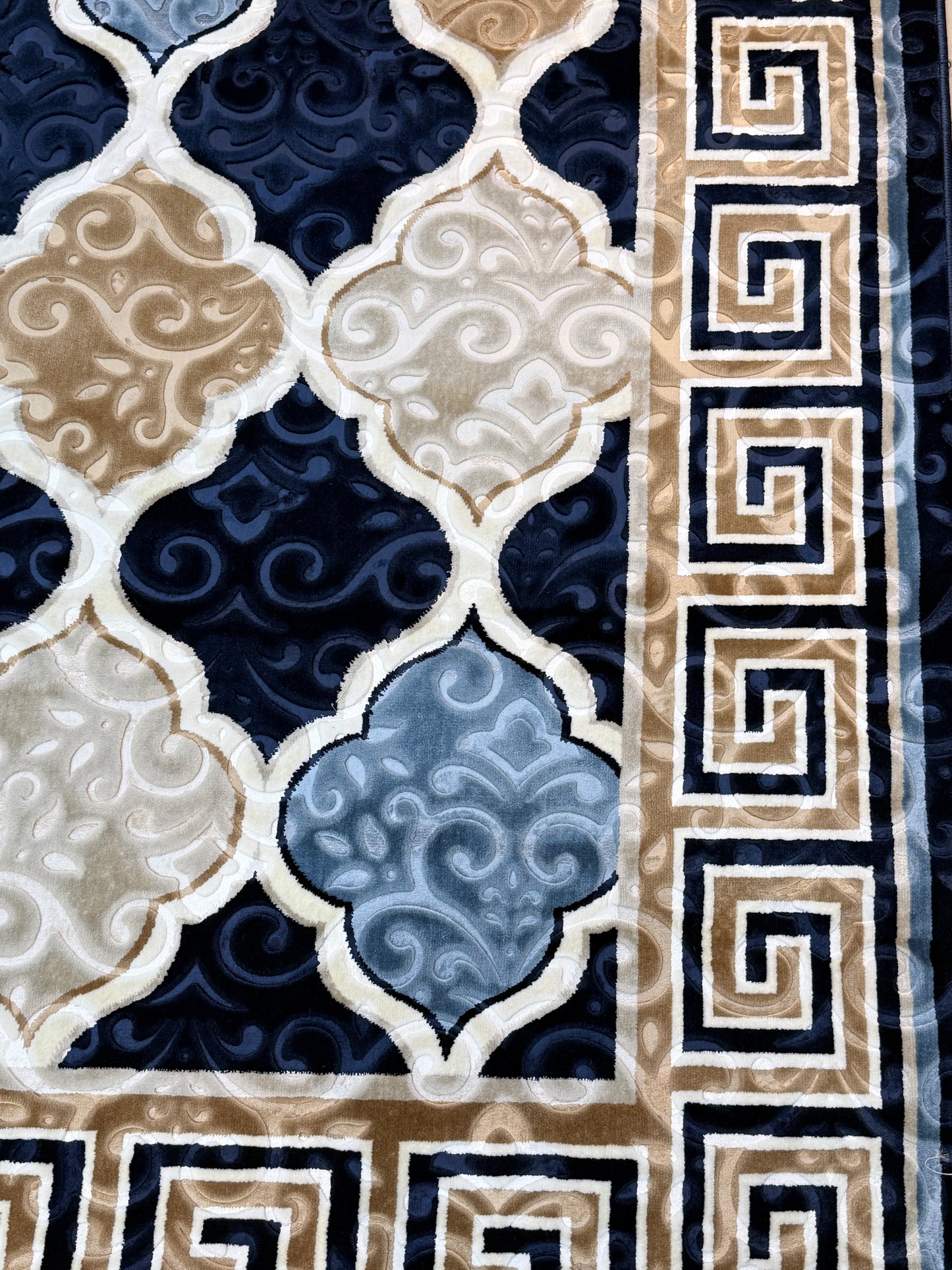 Greek Medallion Trellis Rug | NavyBlue, Cream & Gold | Size 200x290 cm (6.7x9.6 ft)