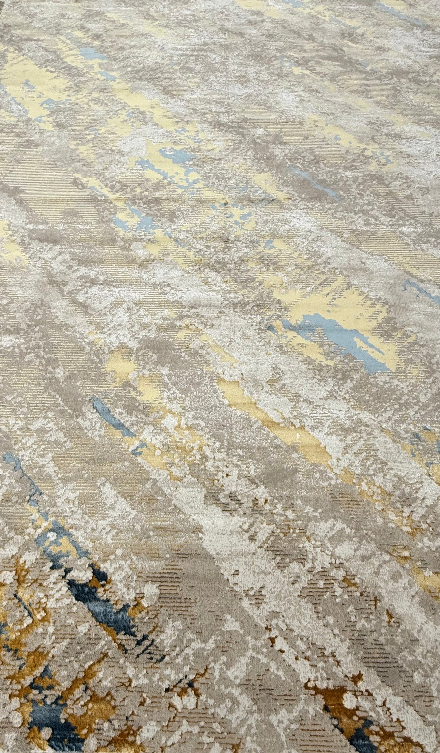 Abstract Distressed Contemporary Rug – Gold, Beige, Cream & Blue | 250×350 cm (8.2×11.5 ft)