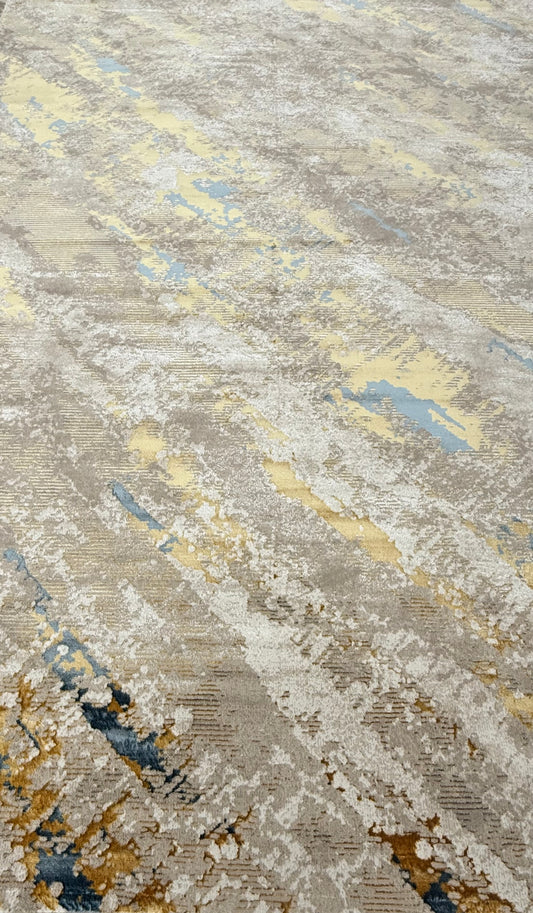 Abstract Distressed Contemporary Rug – Gold, Beige, Cream & Blue | 250×350 cm (8.2×11.5 ft)