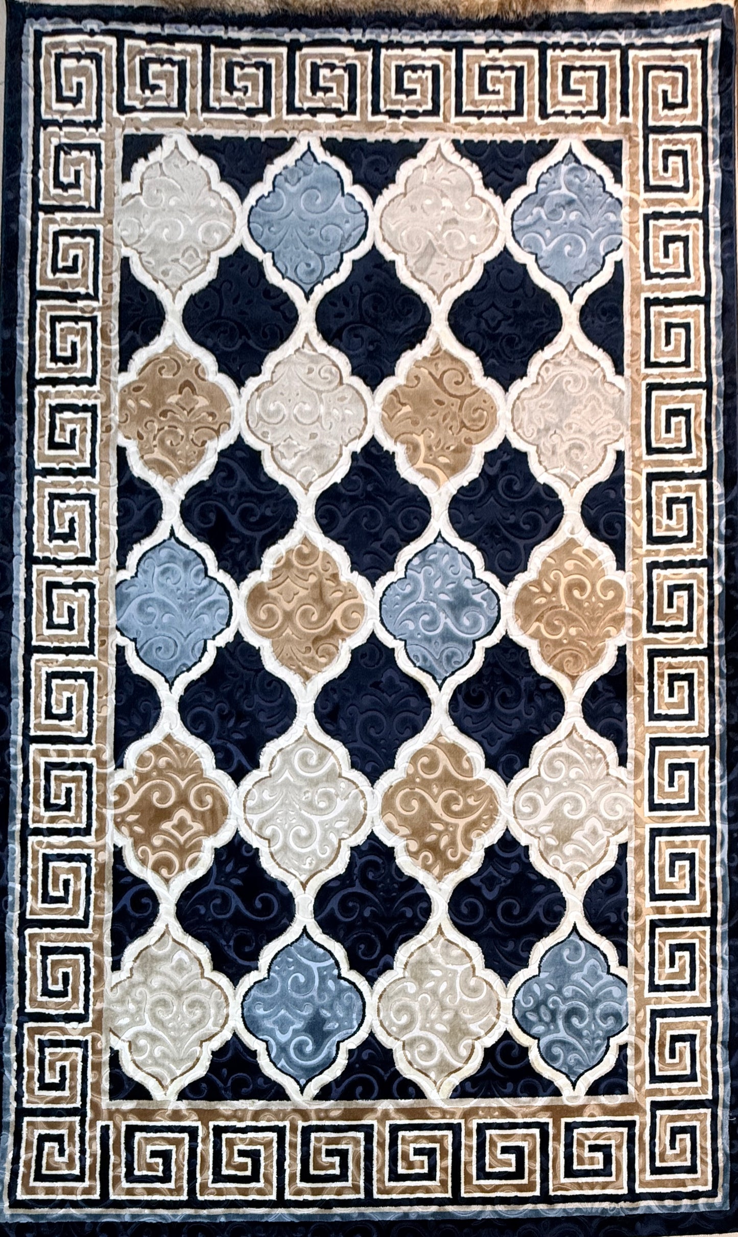 Greek Medallion Trellis Rug | NavyBlue, Cream & Gold | Size 200x290 cm (6.7x9.6 ft)