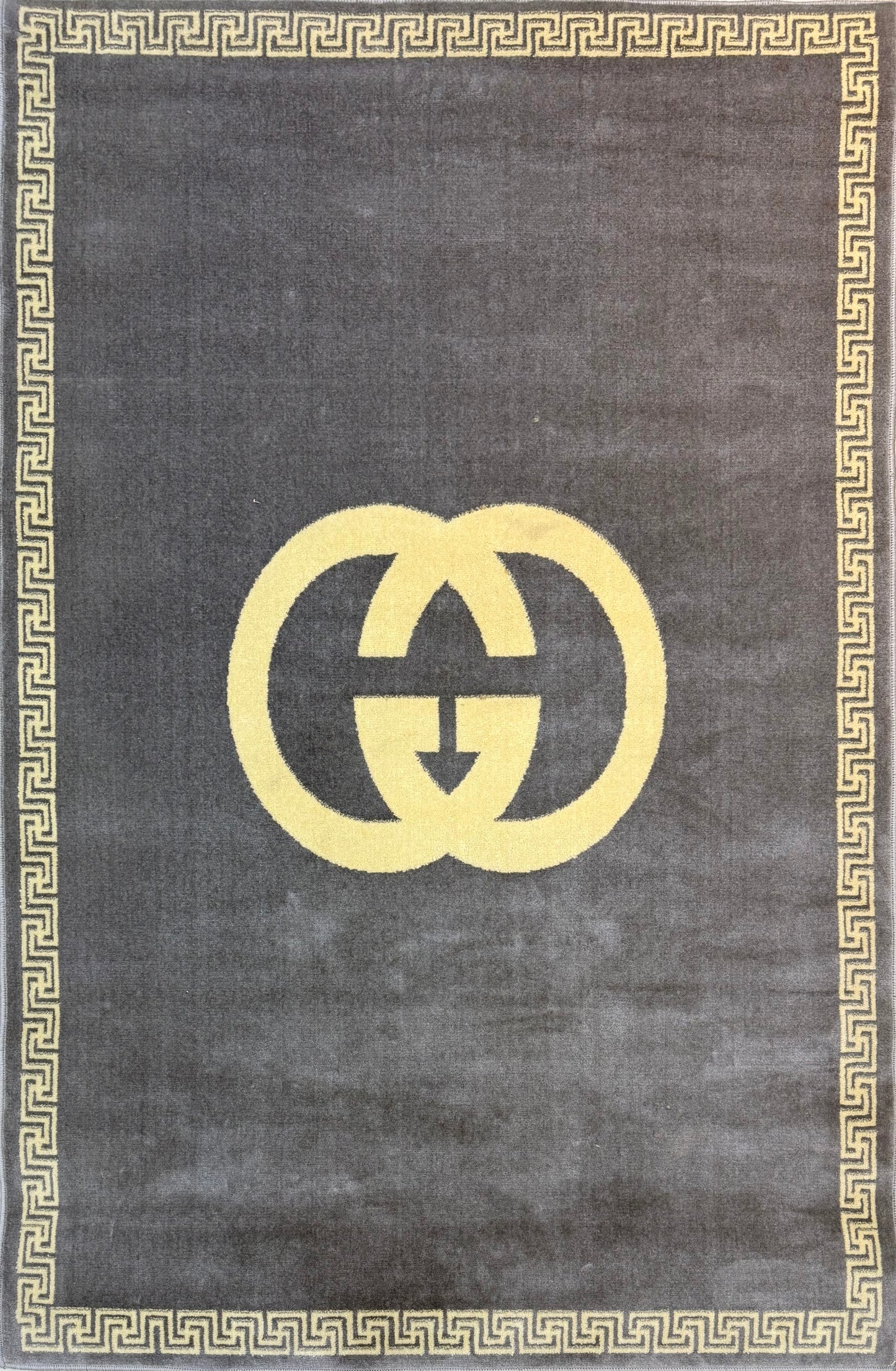 Interlocking G Greek Key Border Rug | Charcoal Grey &  Gold color | Size 4x6 feet.