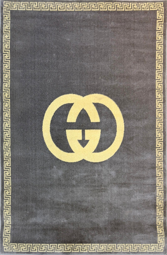 Interlocking G Greek Key Border Rug | Charcoal Grey &  Gold color | Size 4x6 feet.