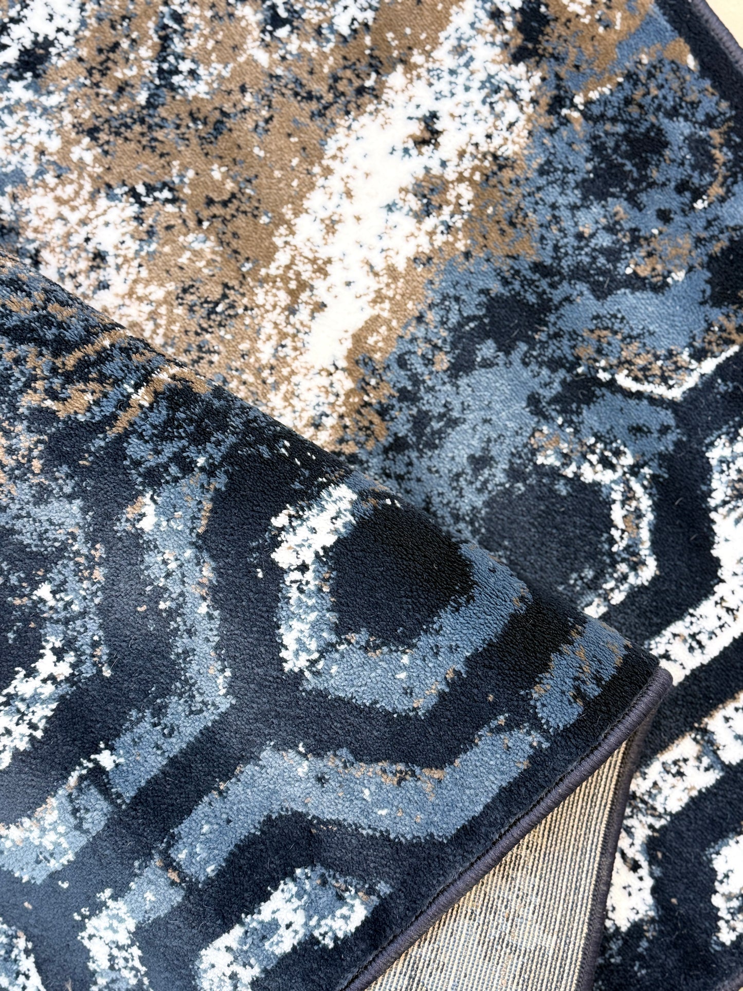Abstract Geometric Distressed Area Rug | navy blue, grey, cream & taupe | Size 3.3x5.0 ft